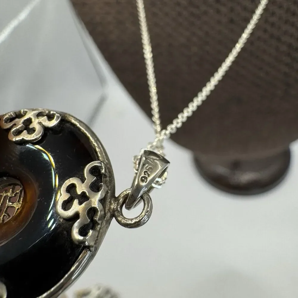 925 Italy Sterling Silver Onyx Donut Circle Necklace Chinese Characters 20”